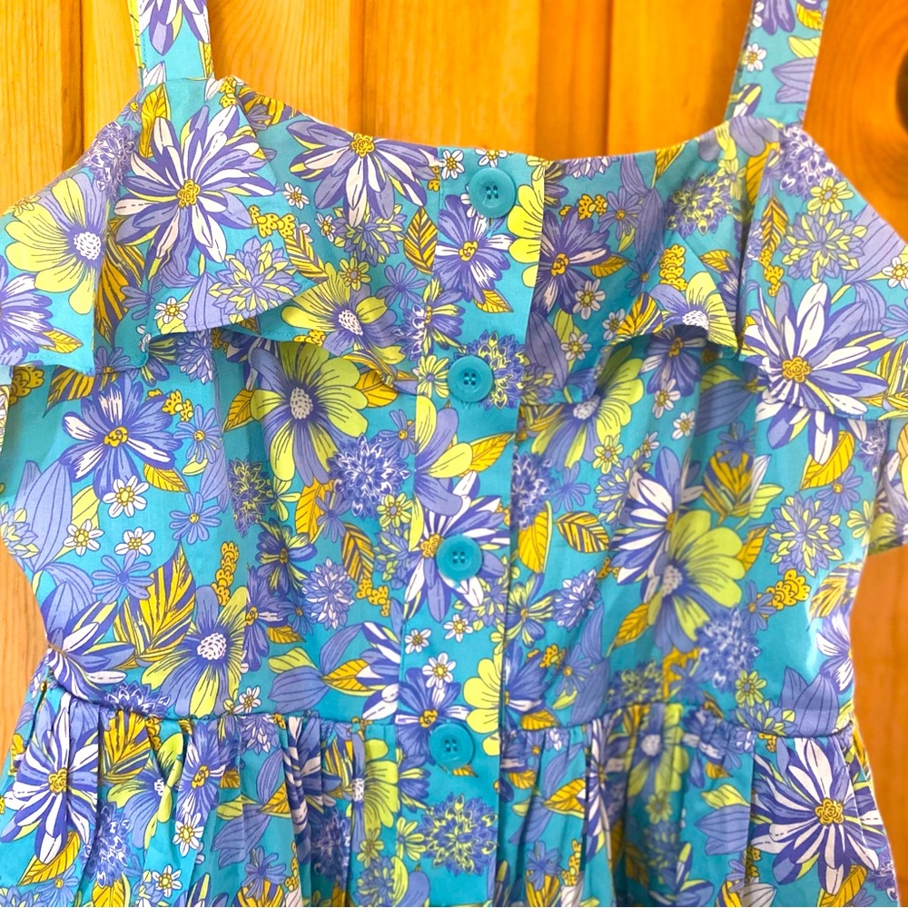 ModCloth Periwinkle Blue Floral Ruffle Neckline Button Dress. SZ 14 NWT